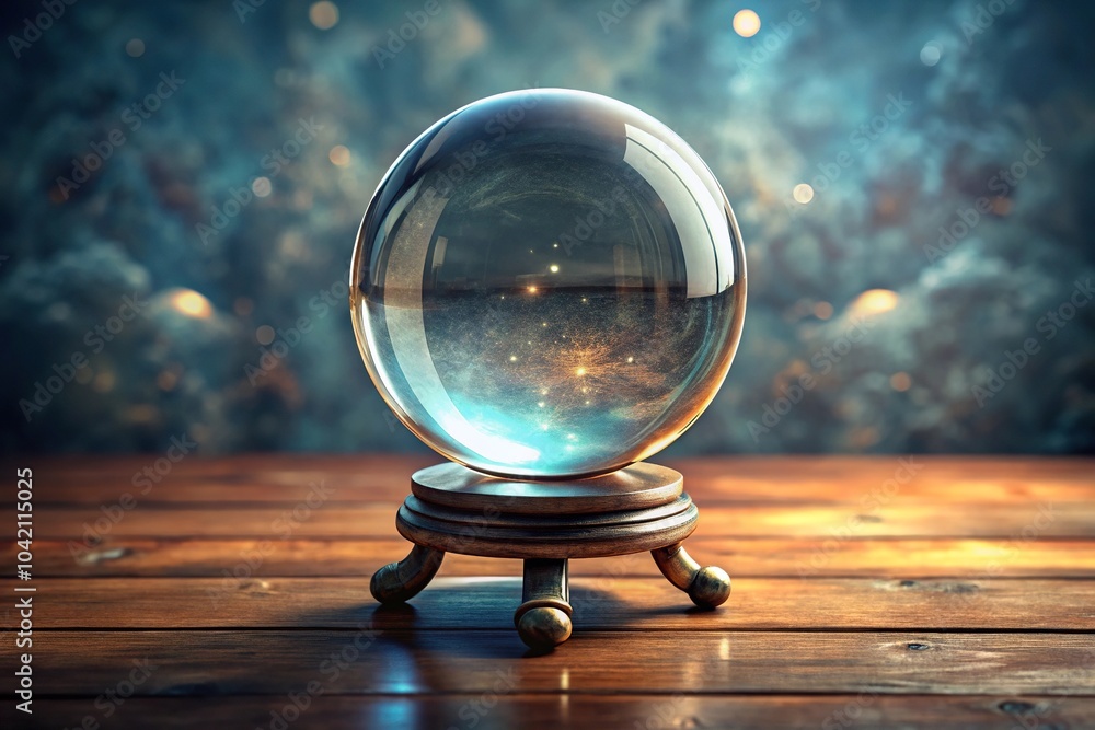 Crystal ball on stand reflecting panoramic view Crystal ball on stand reflecting panoramic view