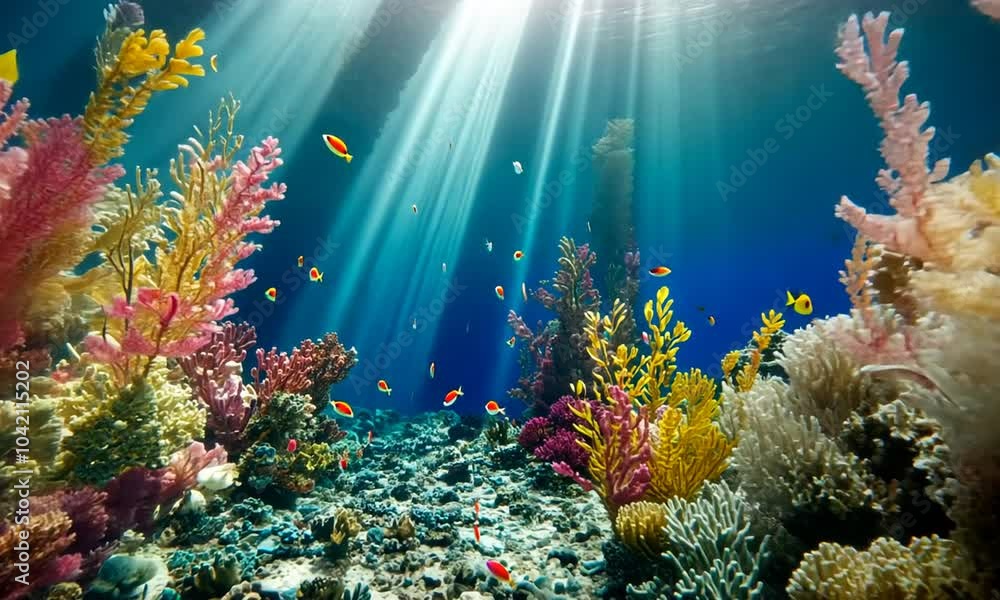Sunbeams Illuminate a Vibrant Underwater Coral Reef Sunbeams Illuminate a Vibrant Underwater Coral Reef