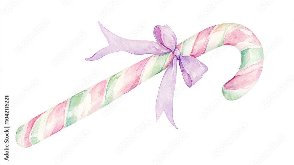 A watercolor candy cane with pastel pink and mint green stripes, tied with a soft lavender ribbon, painted in delicate strokes on a plain white background. A watercolor candy cane with pastel pink and mint green stripes, tied with a soft lavender ribbon, painted in delicate strokes on a plain white background.