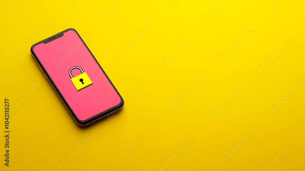 Smartphone with lock symbol on yellow background conveying digital security and data protection themes. Copy space Smartphone with lock symbol on yellow background conveying digital security and data protection themes. Copy space