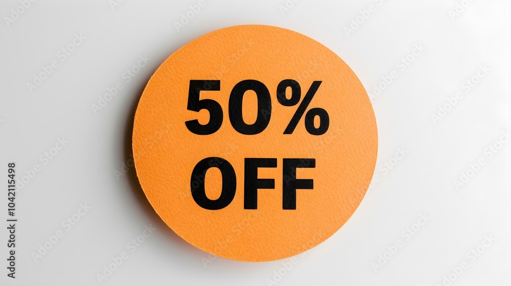 Black '50% OFF' Text on a Light Orange Round Paper Note. White Background with Copy Space Black '50% OFF' Text on a Light Orange Round Paper Note. White Background with Copy Space
