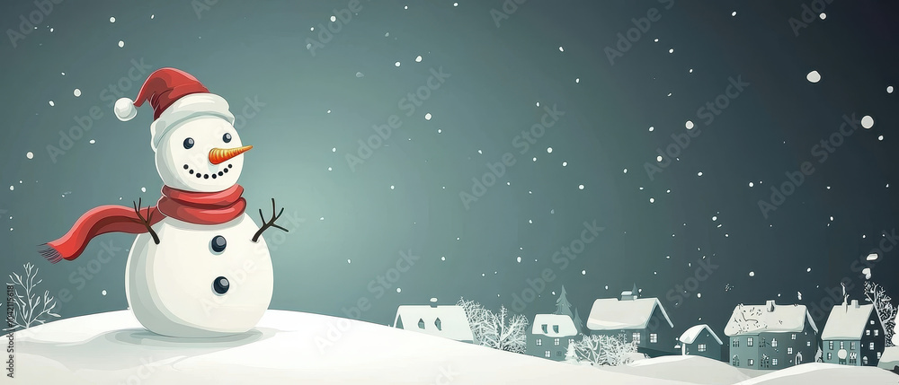 Naklejka premium A cheerful snowman stands in a snowy landscape, wearing a red scarf and hat, with a backdrop of small houses and falling snowflakes.