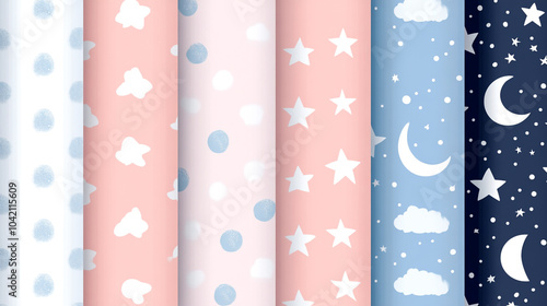 Pastel fabrics with clouds, stars, and moons for colorful children's decor