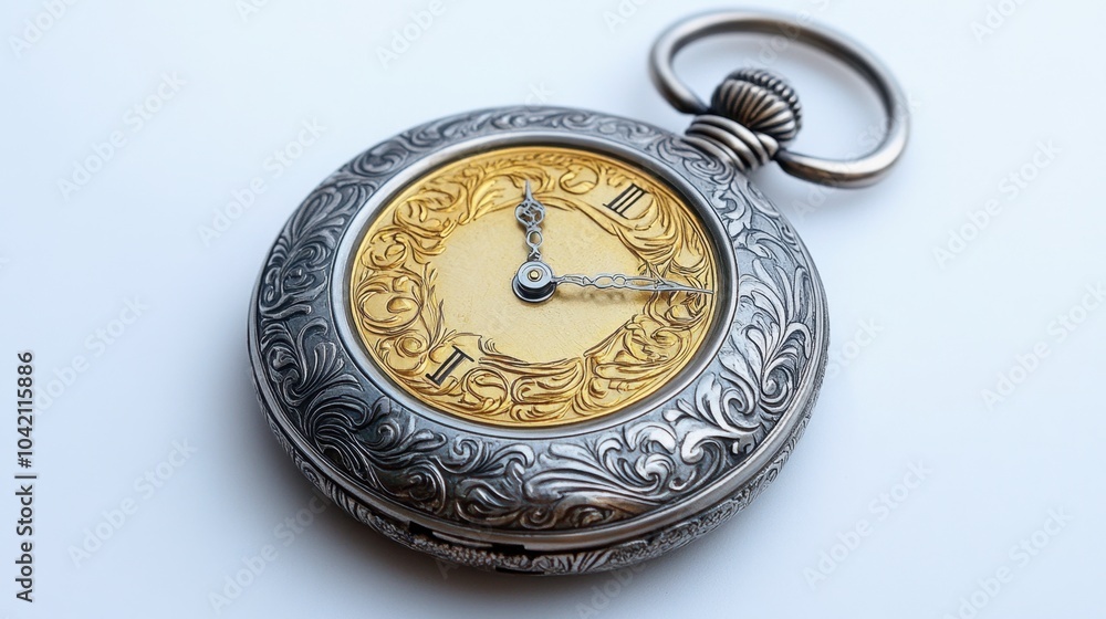 A silver pocket watch with gold detailing, its hands frozen at a precise time. A silver pocket watch with gold detailing, its hands frozen at a precise time.