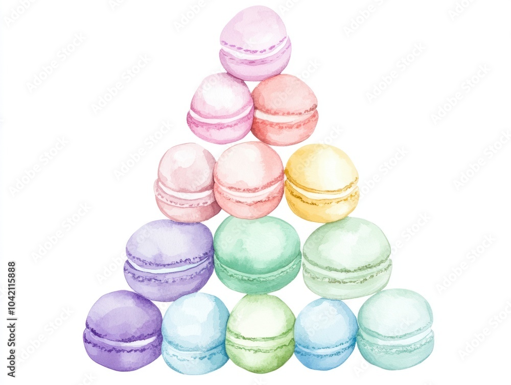 A watercolor macaron tower featuring a rainbow of pastel colors—lavender, mint, rose, and lemon—set on a plain white background. A watercolor macaron tower featuring a rainbow of pastel colors—lavender, mint, rose, and lemon—set on a plain white background.