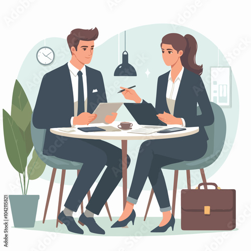 Partners meeting for business discussion with documents and laptop on desk. Couple at round table, speaking, discussing work, partnership. Flat vector illustration isolated on white background