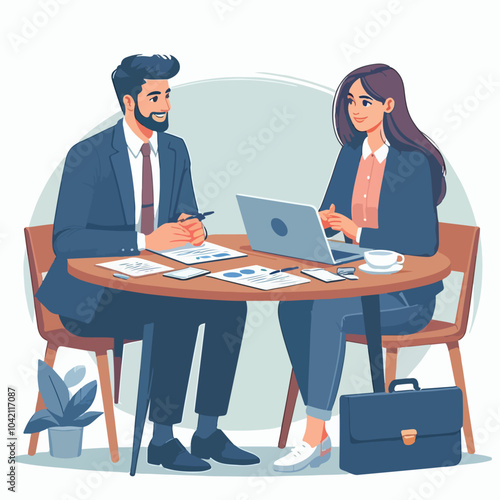 Partners meeting for business discussion with documents and laptop on desk. Couple at round table, speaking, discussing work, partnership. Flat vector illustration isolated on white background