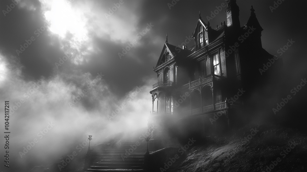 A haunting Victorian mansion shrouded in mist during a moody twilight, evoking feelings of mystery and nostalgia A haunting Victorian mansion shrouded in mist during a moody twilight, evoking feelings of mystery and nostalgia