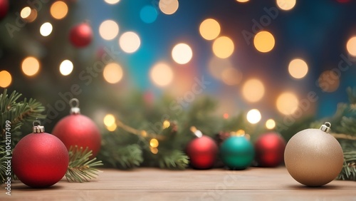 Christmas day blur background, bokeh lights, Christmas tree, baubles decoration, wooden table, 25th December, winter season