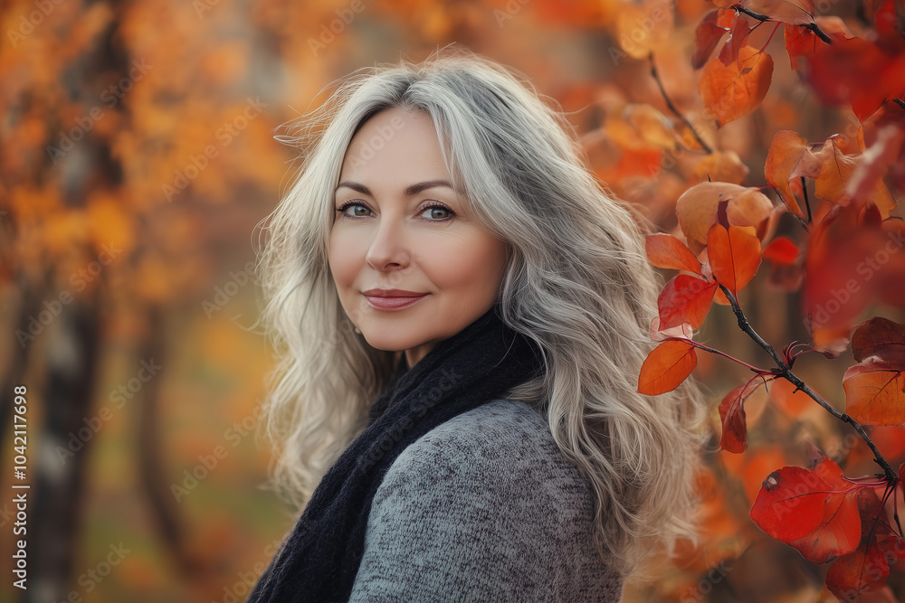 A woman with gray hair smiles softly among vibrant autumn foliage in a serene outdoor setting during golden hour. Generative AI A woman with gray hair smiles softly among vibrant autumn foliage in a serene outdoor setting during golden hour. Generative AI
