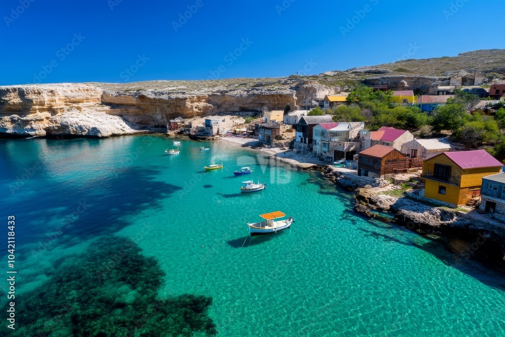 Fototapeta premium Popeye Village in Malta, nestled along a rocky coastline with colorful wooden houses, and the blue Mediterranean Sea in the background