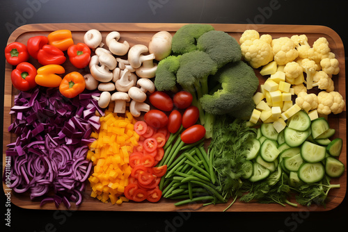 A variety of halved vegetables arranged neatly on a wooden cutting board photo