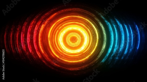 Concentric circles radiate outward in a burst of warm and cool colors, creating a captivating contrast against a dark background, showcasing digital art techniques.