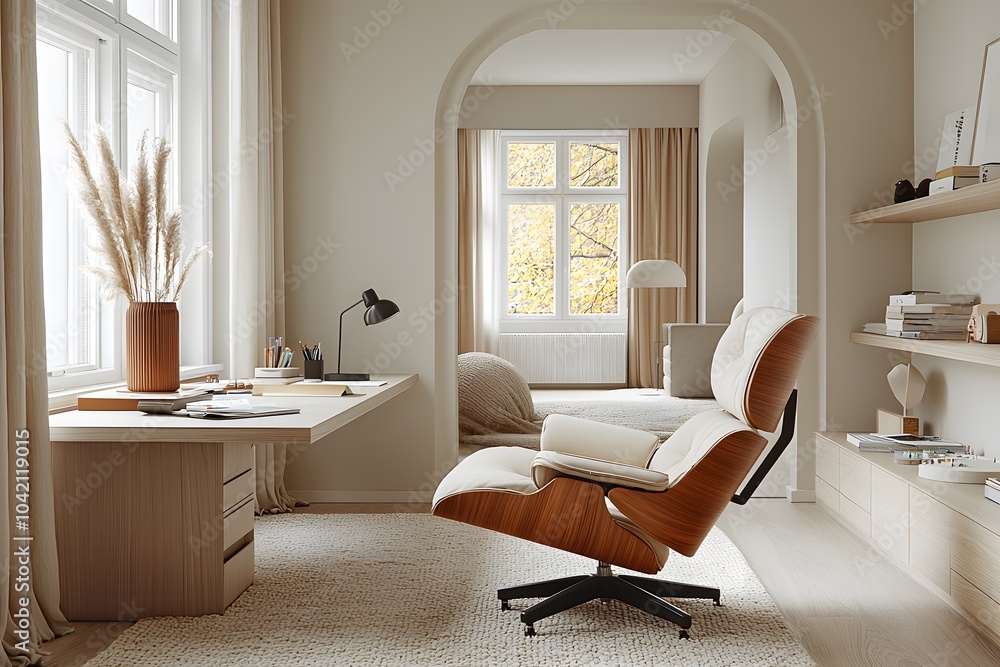 Fototapeta premium Modern minimalist home office with cozy lounge area and natural lighting