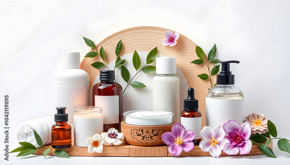 Spa composition with Aromatherapy and body care items with a white accent, png Spa composition with Aromatherapy and body care items with a white accent, png