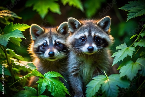 Young Raccoons Hiding in Lush Greenery of a Dark Forest - Wildlife Documentary Photography