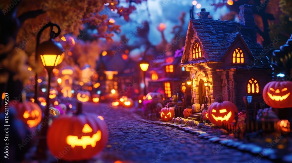 A spooky Halloween village lit up with multicolored lanterns, glowing pumpkins, and vibrant creatures roaming the streets. A spooky Halloween village lit up with multicolored lanterns, glowing pumpkins, and vibrant creatures roaming the streets.