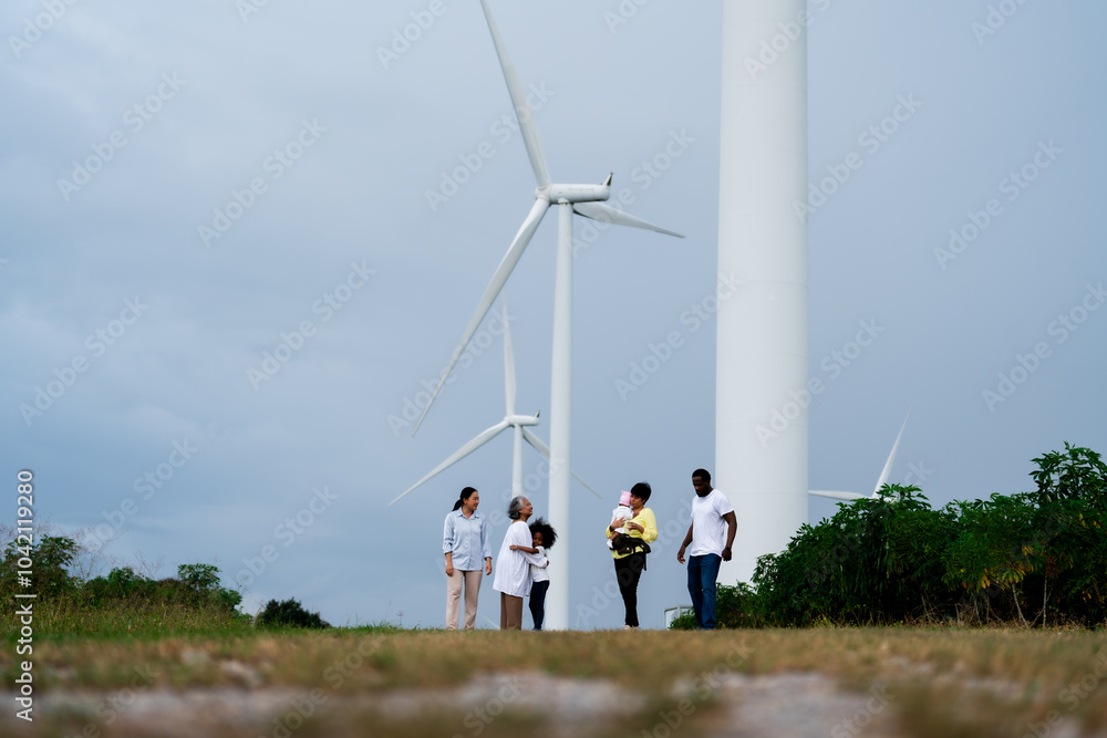 Family Enjoying Clean Energy from Wind Turbines in a Sustainable Landscape