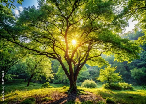 Young Wild Tree Growing in Lush Forest Garden with High Dynamic Range Detail