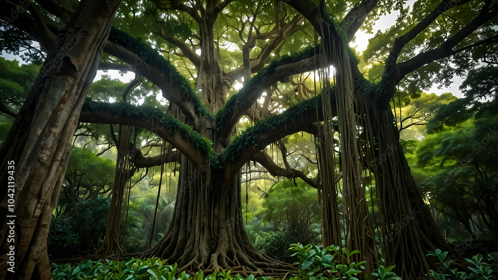 One enormous orange banyan tree, taller than the other trees in the area, with thick foliage One enormous orange banyan tree, taller than the other trees in the area, with thick foliage