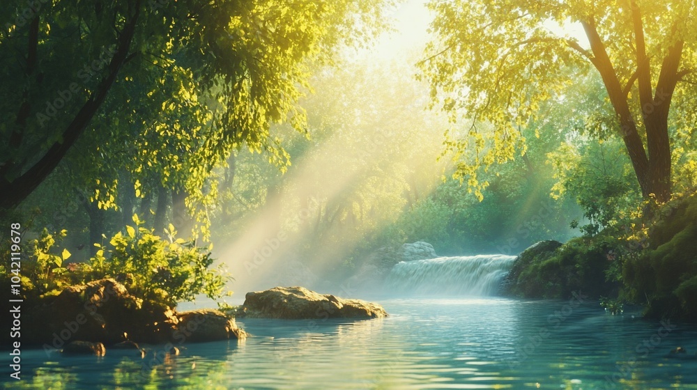 Sun rays illuminate a misty waterfall in a lush green forest. Sun rays illuminate a misty waterfall in a lush green forest.