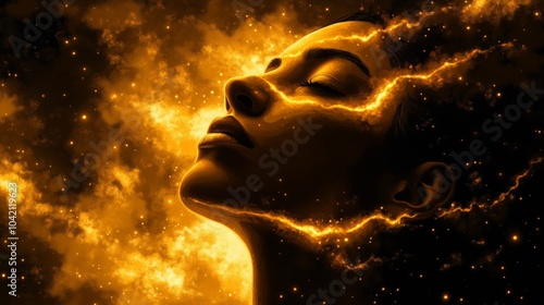Woman’s Face Illuminated by Fiery Cosmic Lines, Symbolizing Inner Serenity and Spiritual Transformation