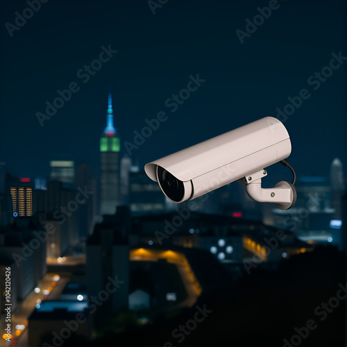 A surveillance camera stands vigilantly against a city skyline at night, evoking a sense of security and watchfulness. photo