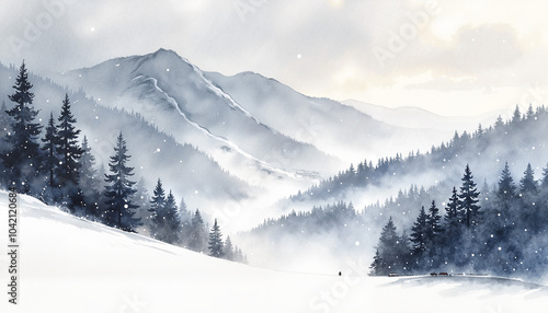 Wallpaper Mural Misty winter landscape with snow-covered mountains and evergreen trees under soft light Torontodigital.ca