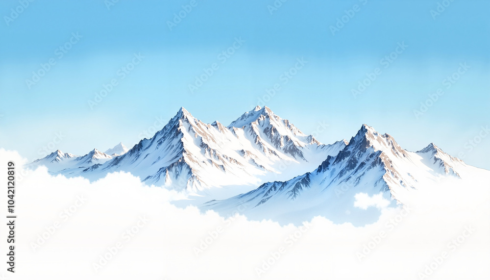 Fototapeta premium Snow-capped mountains emerging from clouds against clear blue sky in minimalist style