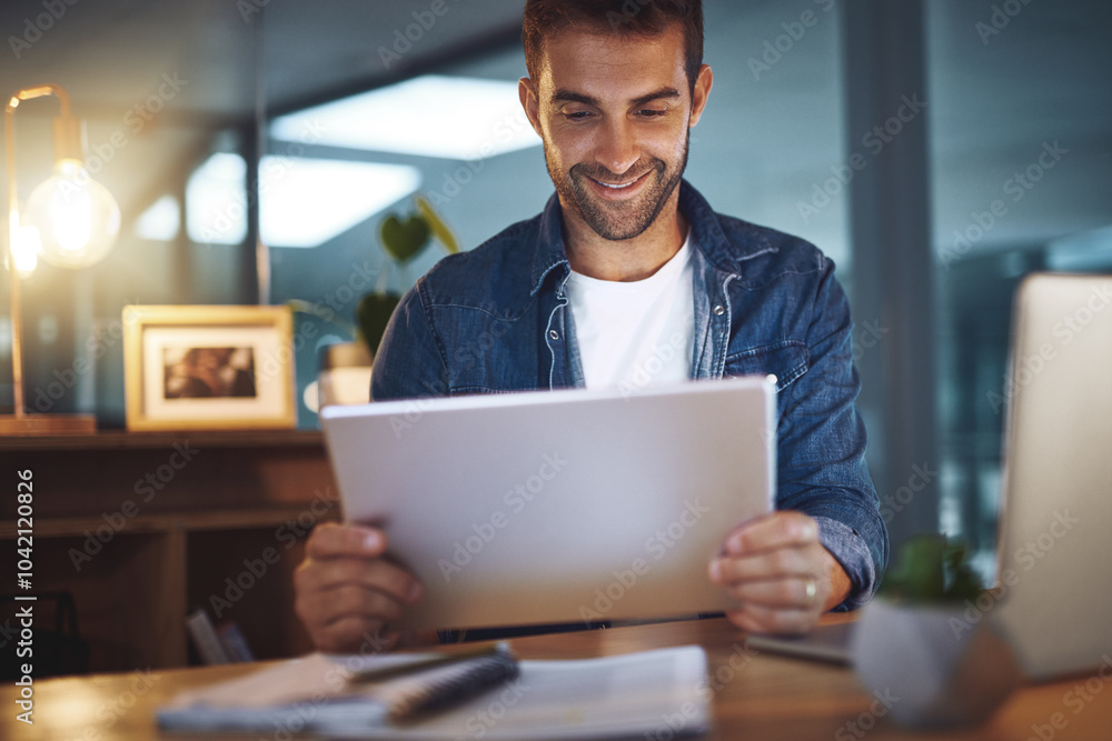Office, night and businessman on tablet for research project, online website and reading email. Professional, company and person on digital tech working late for planning, networking or internet news Office, night and businessman on tablet for research project, online website and reading email. Professional, company and person on digital tech working late for planning, networking or internet news