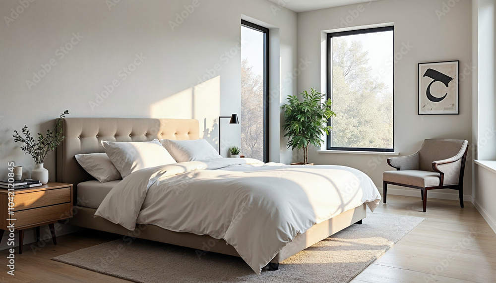A modern bedroom with a large bed, white bedding, and a neutral-colored headboard. The room has large windows letting in natural light, and there are some plants and decor elements visible A modern bedroom with a large bed, white bedding, and a neutral-colored headboard. The room has large windows letting in natural light, and there are some plants and decor elements visible