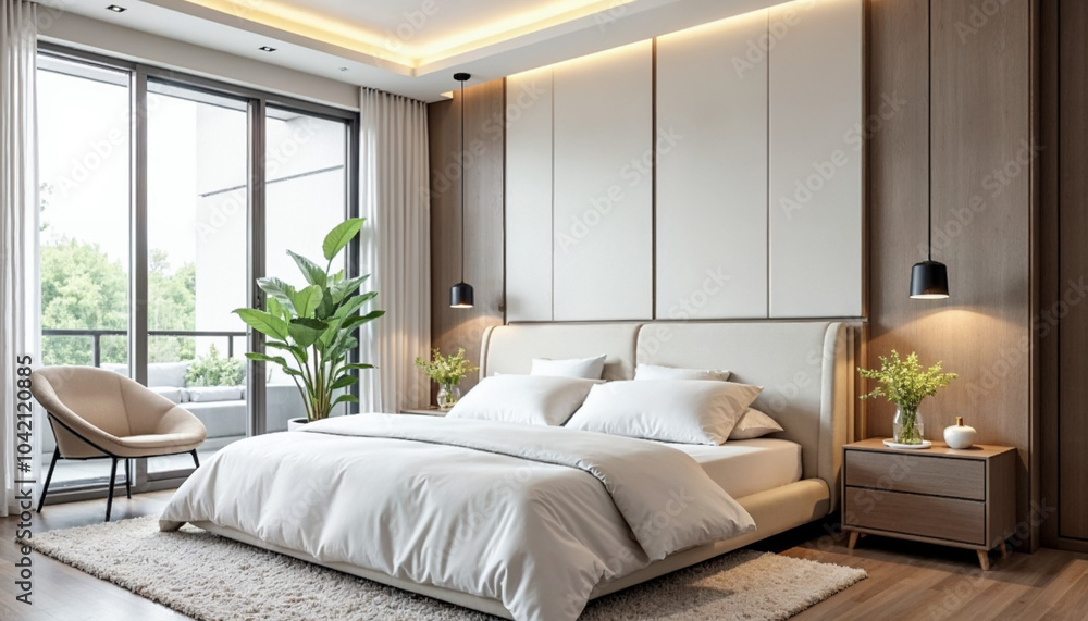A modern bedroom with a large bed, white bedding, and a neutral-colored headboard. The room has large windows letting in natural light, and there are some plants and decor elements visible A modern bedroom with a large bed, white bedding, and a neutral-colored headboard. The room has large windows letting in natural light, and there are some plants and decor elements visible