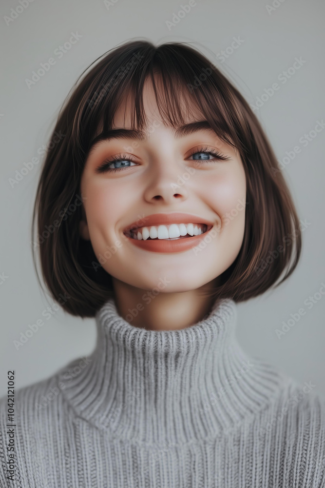 bob cut hairstyle, with the model smiling and wearing a grey turtleneck sweater. The hair is straight, and the eyes are blue. The background is minimalistic, with natural daylight. bob cut hairstyle, with the model smiling and wearing a grey turtleneck sweater. The hair is straight, and the eyes are blue. The background is minimalistic, with natural daylight.