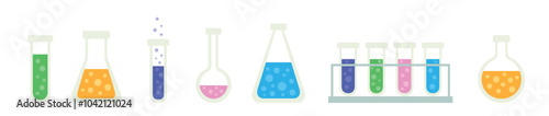 Chemical laboratory set. Chemical test tubes and flasks isolated on a white background. Simple flat style. Chemistry theme. Scientific research vector illustration