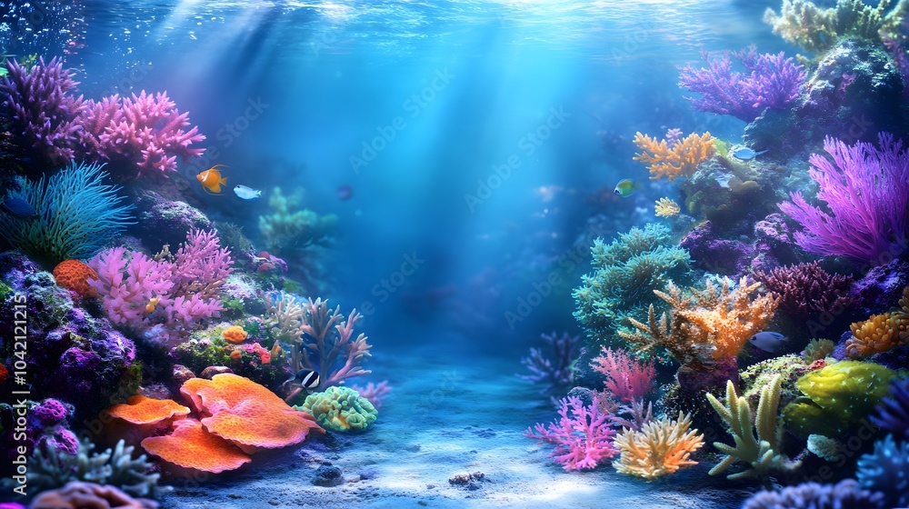 Obraz premium Vibrant underwater scene with colorful corals and shimmering fish.