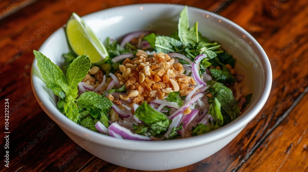 A bowl of fresh salad with peanuts, red onions and lime. A bowl of fresh salad with peanuts, red onions and lime.