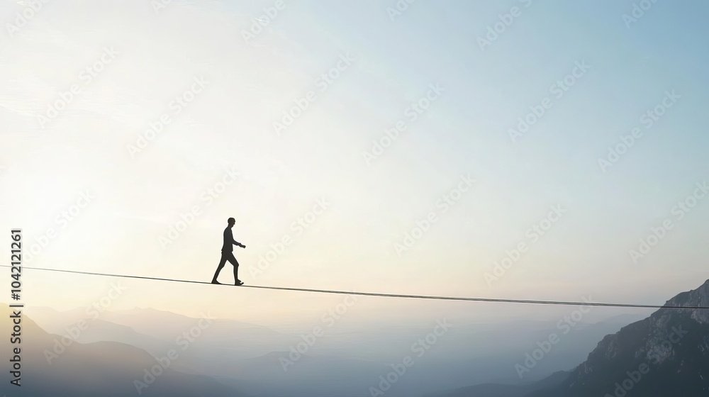Businessman balance on slackline between two mountain. Symbolic of risk, difficulty and challenge in business.