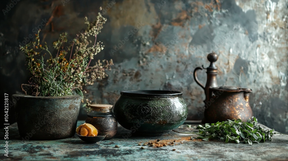 Rustic kitchen setup with herbs and copper pots on a distressed table Rustic kitchen setup with herbs and copper pots on a distressed table