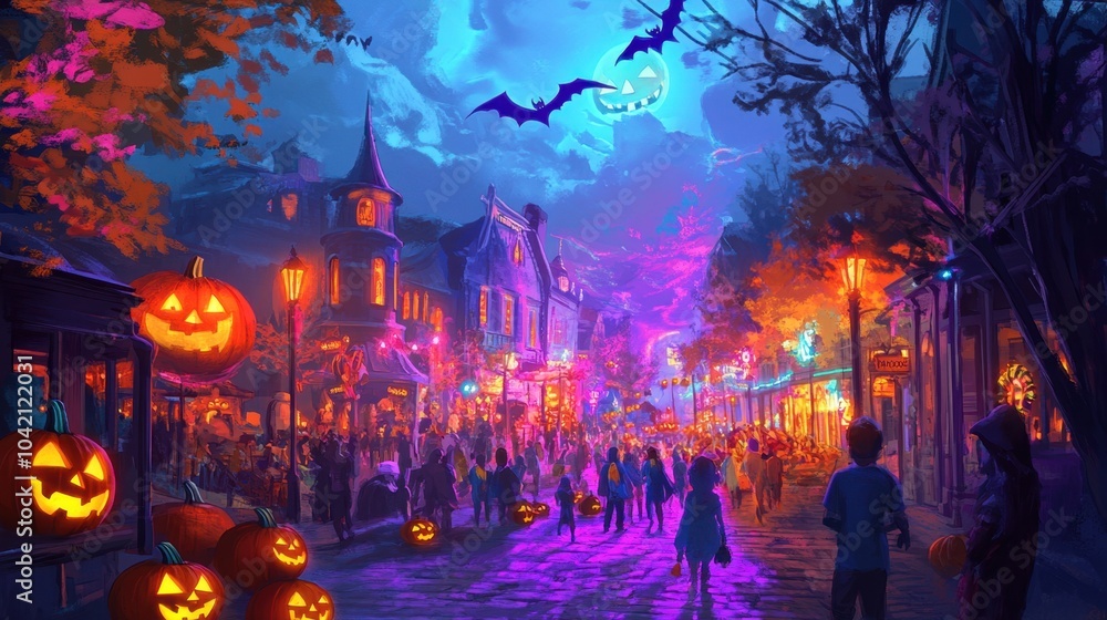 Obraz premium A vibrant Halloween street filled with colorful trick-or-treaters, glowing pumpkins, and neon witches flying overhead.