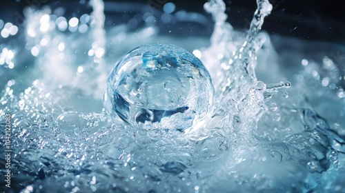 Clear crystal ball splashing in water with high-speed motion