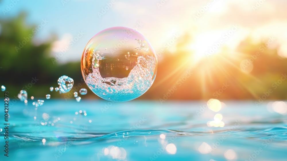 A soap bubble floating above a pool of water, with sunlight reflecting off its surface and creating a rainbow. A soap bubble floating above a pool of water, with sunlight reflecting off its surface and creating a rainbow.