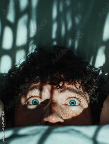 close-up shot of a tired young man lying in bed with wide eyes, staring at the ceiling in a stylish bedroom, showcasing the emotional turmoil of sleeplessness, fear,nightmare photo