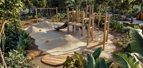 Fototapeta Naklejka Na Ścianę i Meble -  A nature-inspired playground featuring wooden climbing frames and sensory play areas with sand, surrounded by vibrant plant life and inviting pathways.