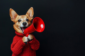  cubby red dog wearing a red sweater and holding a red megaphone against a solid black color background, suitable for black friday advertising or banner design.