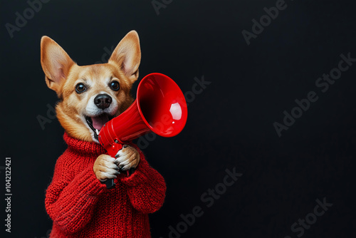  cubby red dog wearing a red sweater and holding a red megaphone against a solid black color background, suitable for black friday advertising or banner design. photo