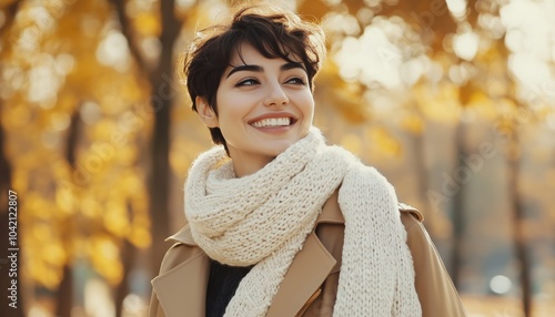 Stylish Woman With Short Haircut Strolling In Autumn Park In Beige Trench And White Knitted Scarf, Embodying Winter Fashion Trends photo