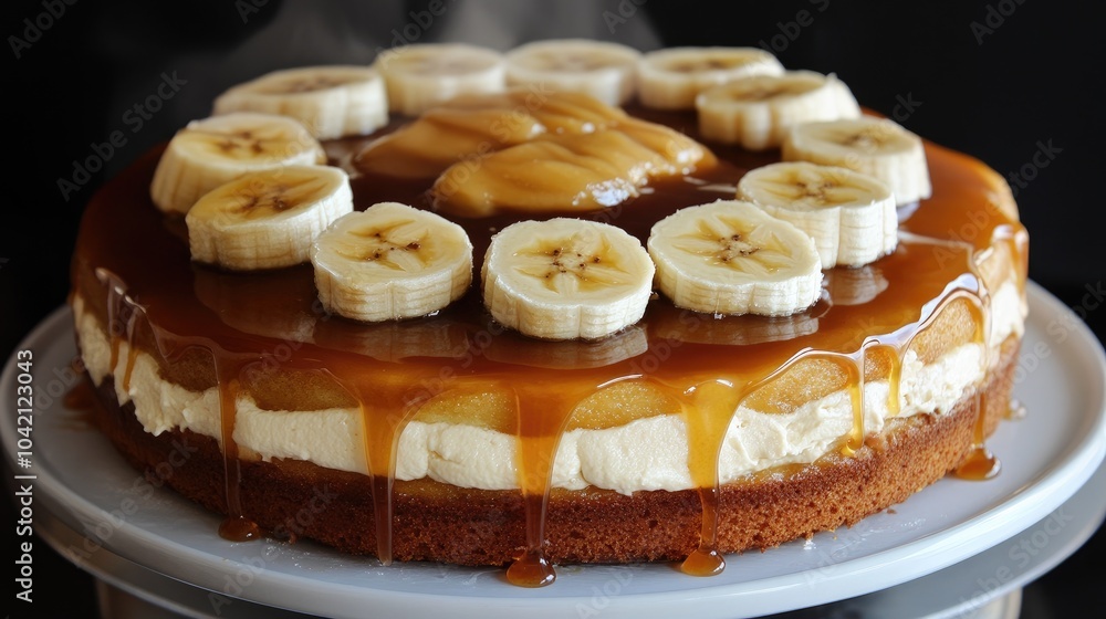 Delicious Banana Cake with Caramel Drizzle and Slices Delicious Banana Cake with Caramel Drizzle and Slices