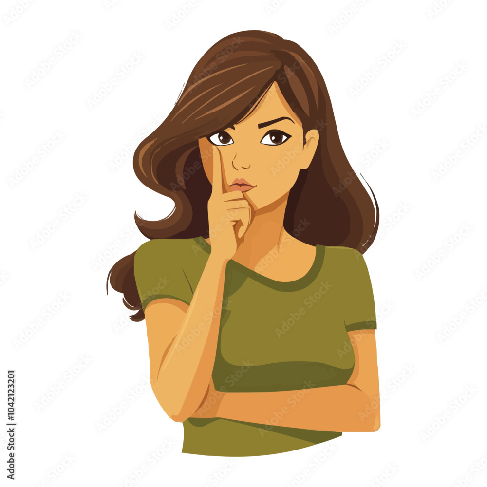 A woman is holding her index finger to her mouth A woman is holding her index finger to her mouth