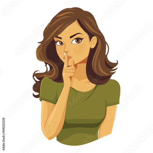 A woman is holding her index finger to her mouth