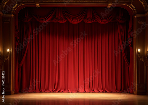 A grand classical stage with luxurious red curtains, high ceilings, and polished floors softly lit by warm overhead lighting.